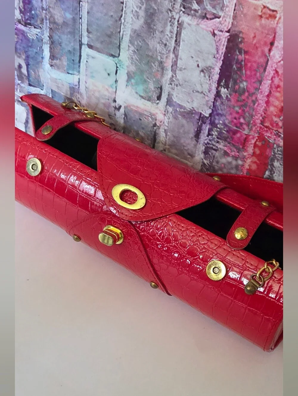 Bottle Carrier Cylinder Bag Croc-Texture W/ Gold Hardware